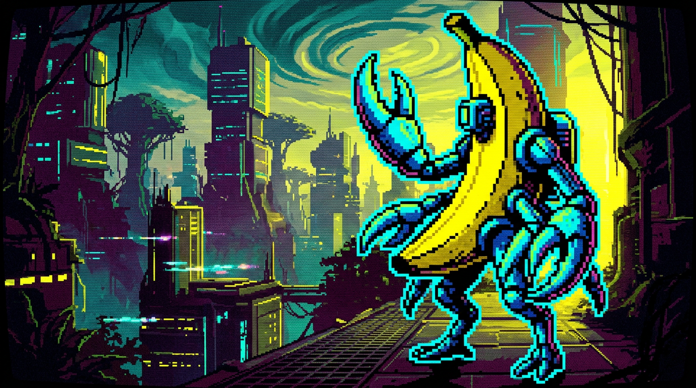 8-bit grimy neon banana-claws hero artwork