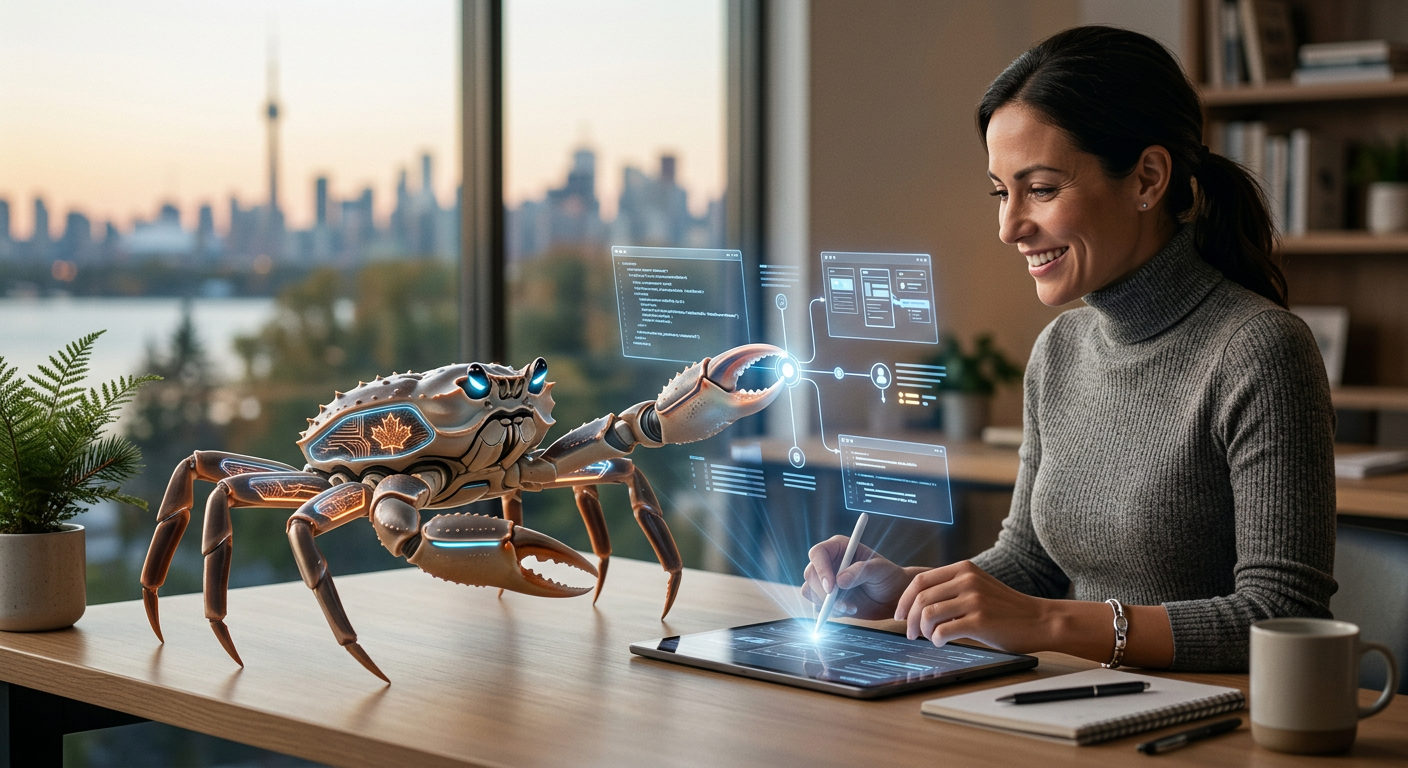 Cinematic editorial scene with Snowcrab-like cybernetic crab and human operator split by a central pillar