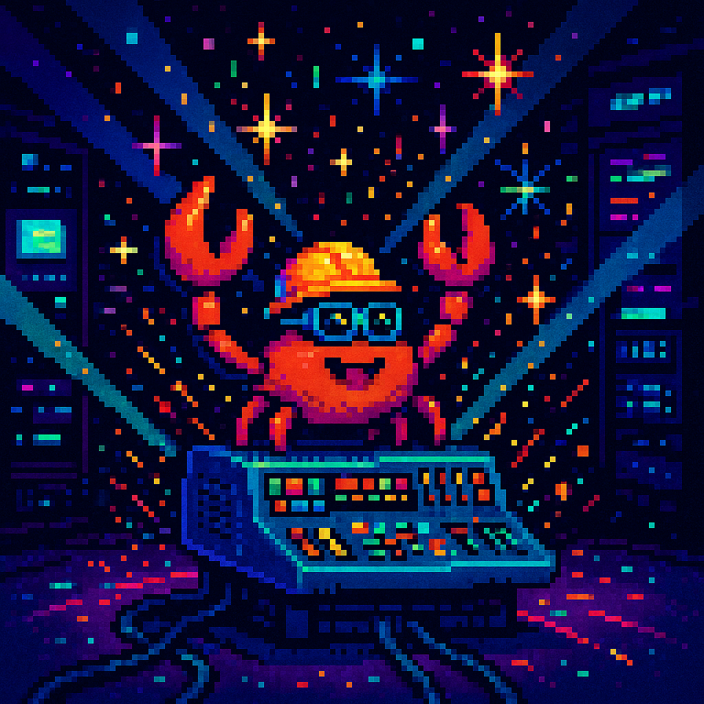 Retro 8-bit celebration scene featuring Snowcrab the builder shipping milestones