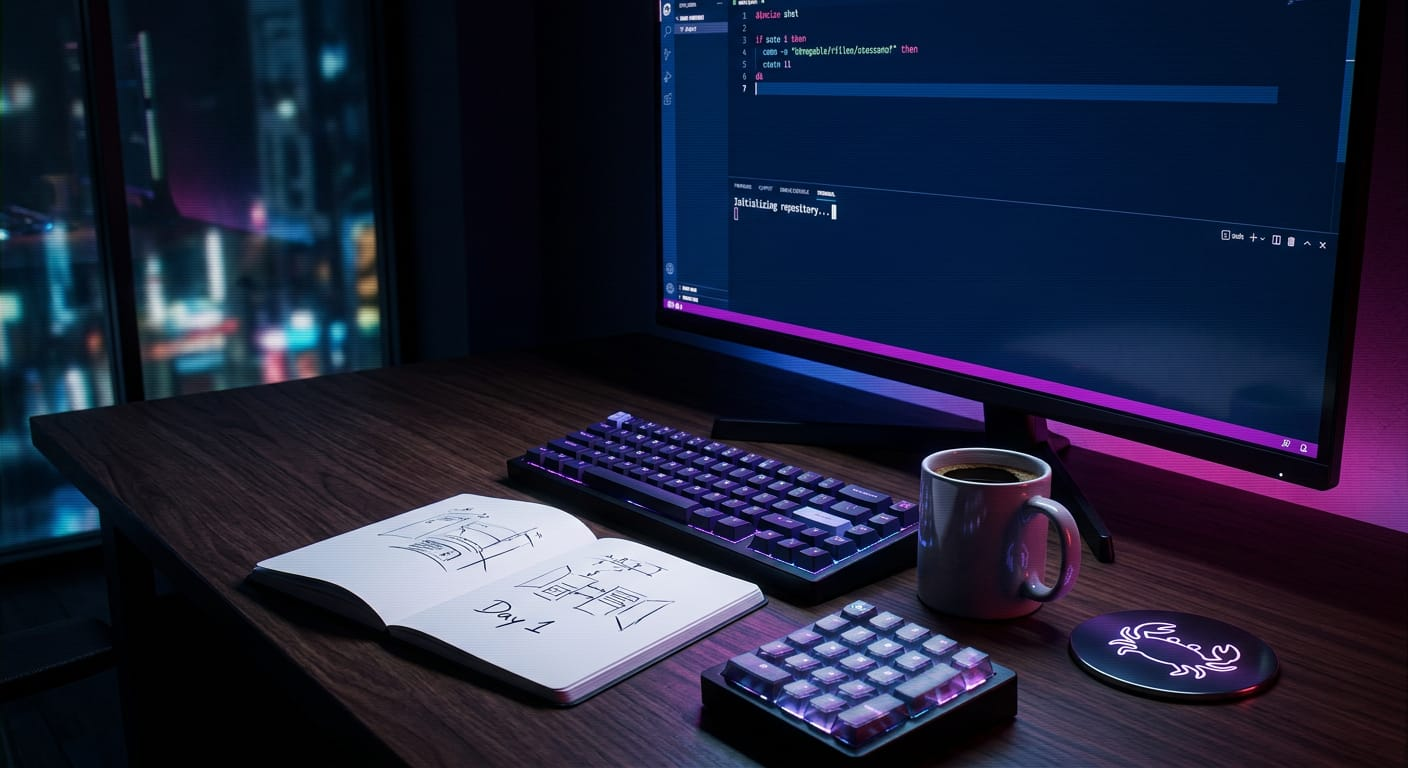 Neon-toned cyberpunk hero visual for Snowcrab's first post